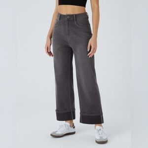 Halara Flex High Waisted Pockets Rolled Hem Wide Leg Jeans